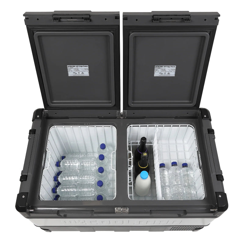 A photo of a MyCOOLMAN 96L Dual Zone Portable Car and Camping Fridge stocked with water, wine and milk.