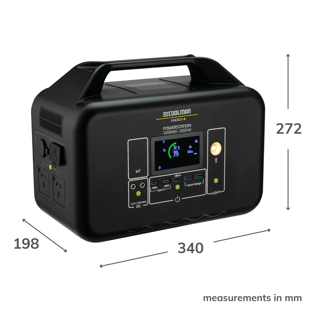 A photo of a MyCOOLMAN 1000W 78Ah Portable Power Station showing its dimensions.
