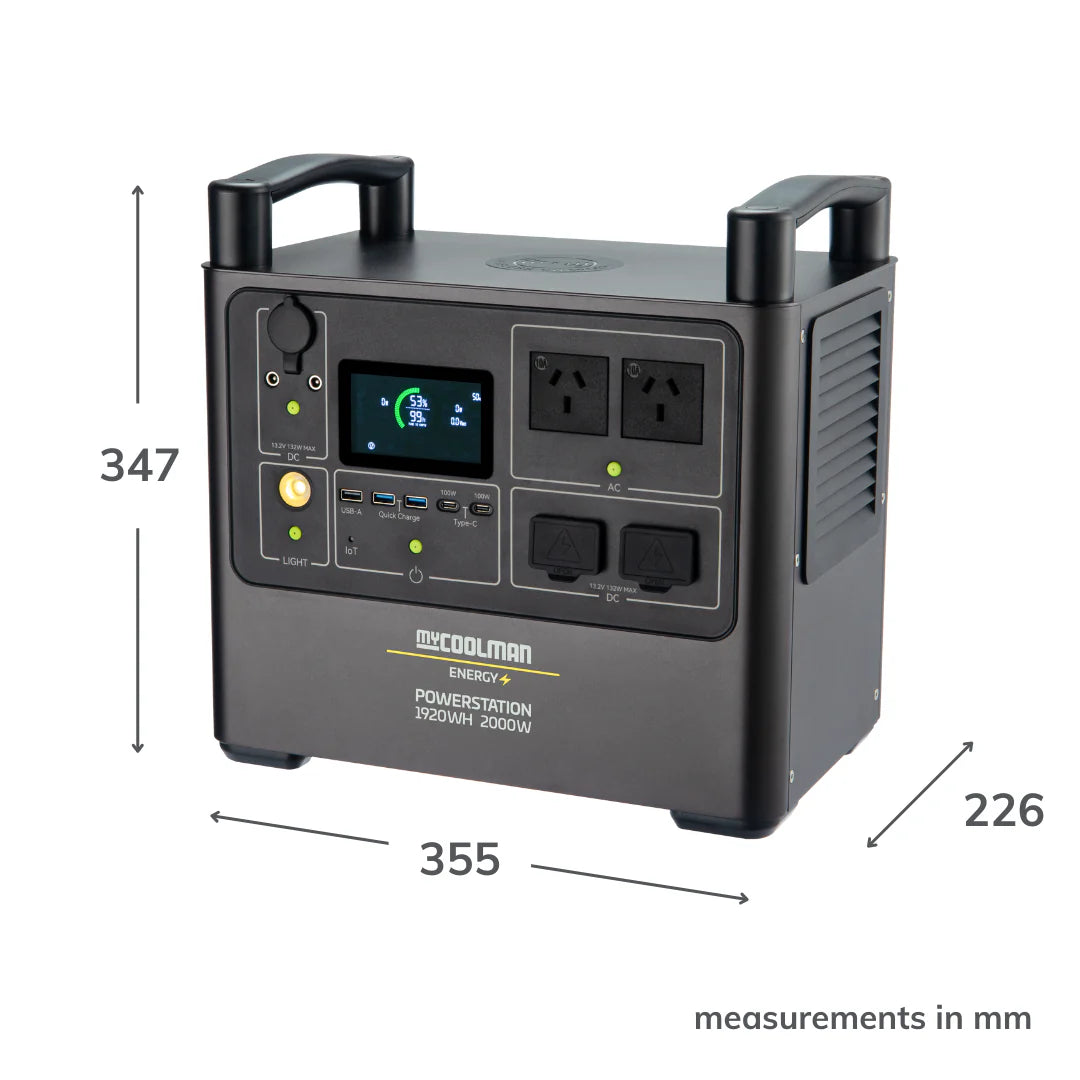 A photo of a mycoolman 2000W 150ah portable power stations physical dimensions.