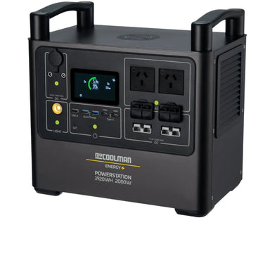 A photo of a mycoolman 2000W 150ah portable power station facing front on.
