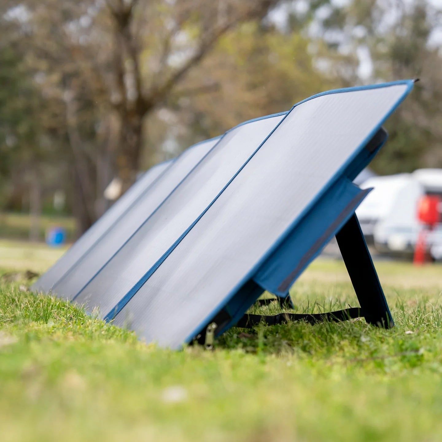 A photo of a MyCOOLMAN 200W Flexible Solar Blanket laid out on grass