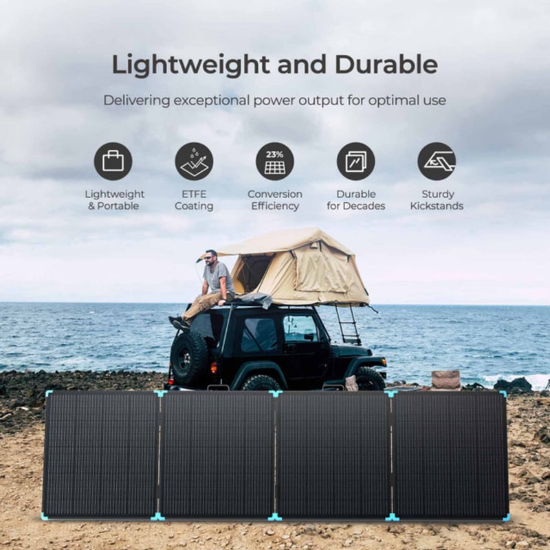 A photo of a RenogyPRO 12V 400W Lightweight Portable Solar Suitcase with a man on top of a 4wd and rooftop tent attached to the 4wd.
