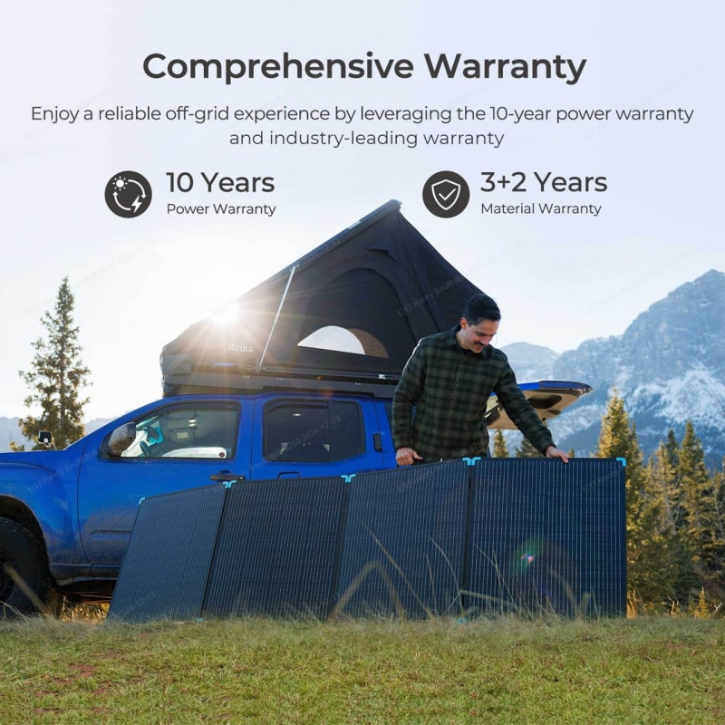 A photo of a RenogyPRO 12V 400W Lightweight Portable Solar Suitcase in front of a 4wd with a rooftop tent attached.