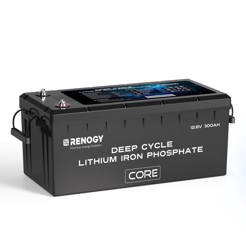 A photo of a Renogy 12V 300A CORE deep cycle lithium battery front view