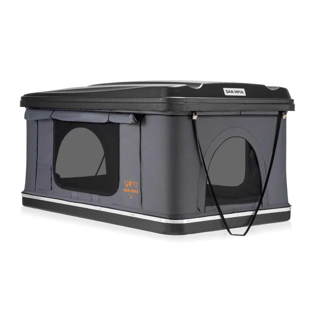 A photo of a san hima jervis loft pop up hard shell roof top tent on a white background.