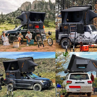 A photo of 4 san hima jervis pro hardshell roof top tents sitting on top of 4x4 vehicles.