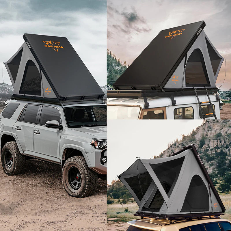 A photo of a San Hima lite hardshell roof top tent on top of a 4WD from multiple angles.