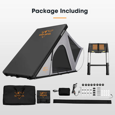 A photo of a San Hima lite hardshell roof top tents package contents including a ladder.