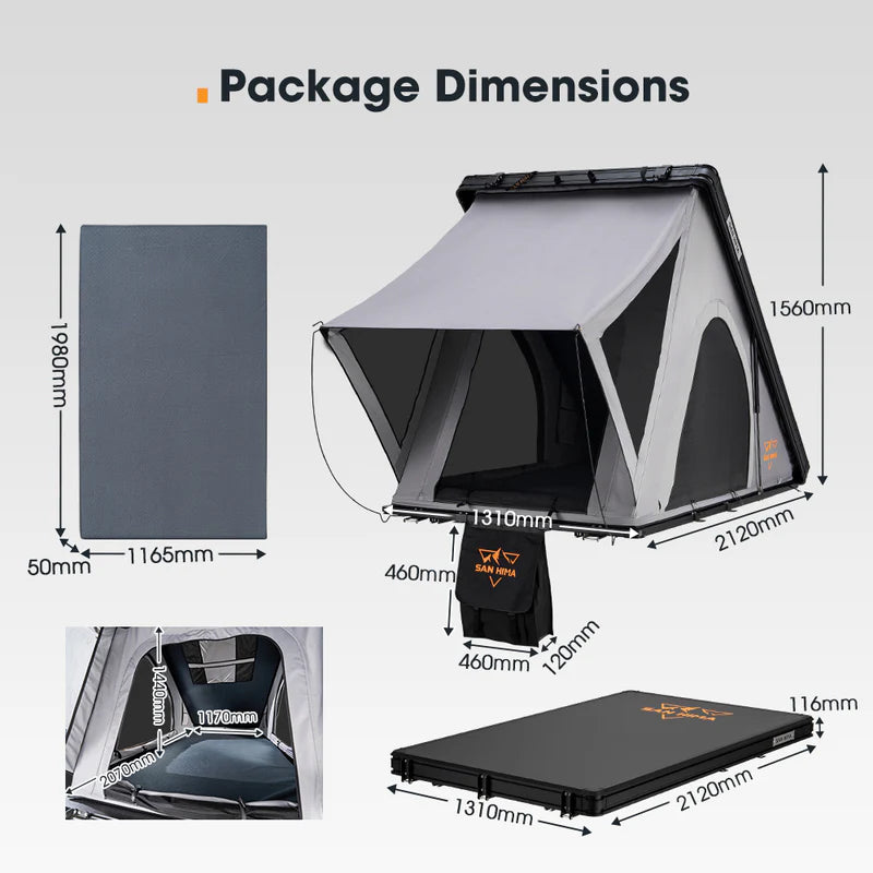 A photo of a San Hima lite hardshell roof top tents package dimensions.