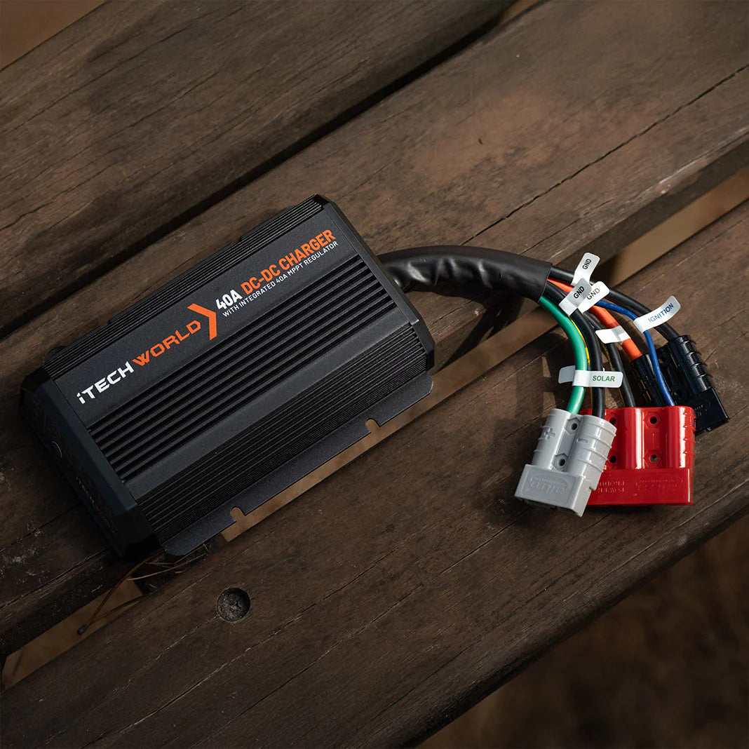 A photo of a black iTechWorld DCDC40 charger on top of a wooden table.