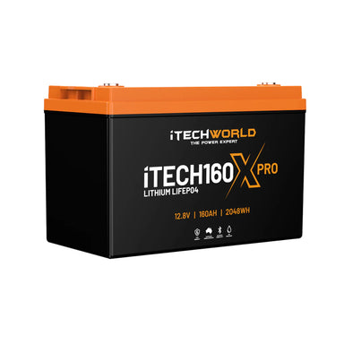 a photo of a black and orange iTechWorld 160x Pro 160ah lithium battery in front of a white background.