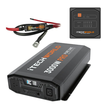 Photo of an iTechWorld 3000WPro Inverter with a remote and inverter cable