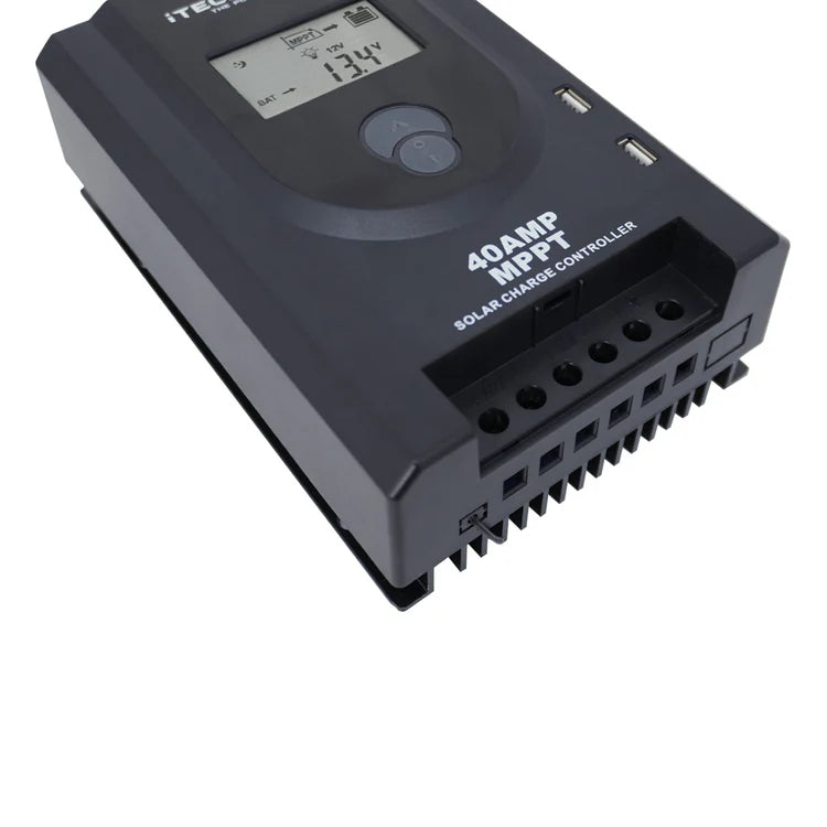 Black iTechWorld 40A MPPT solar charge controller with digital display facing front on with a white background showing the underside of the device.