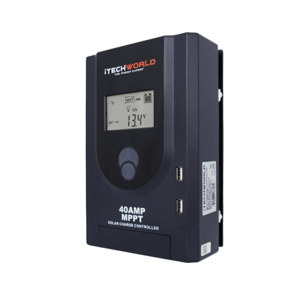 Black iTechWorld 40A MPPT solar charge controller with digital display on a white background.