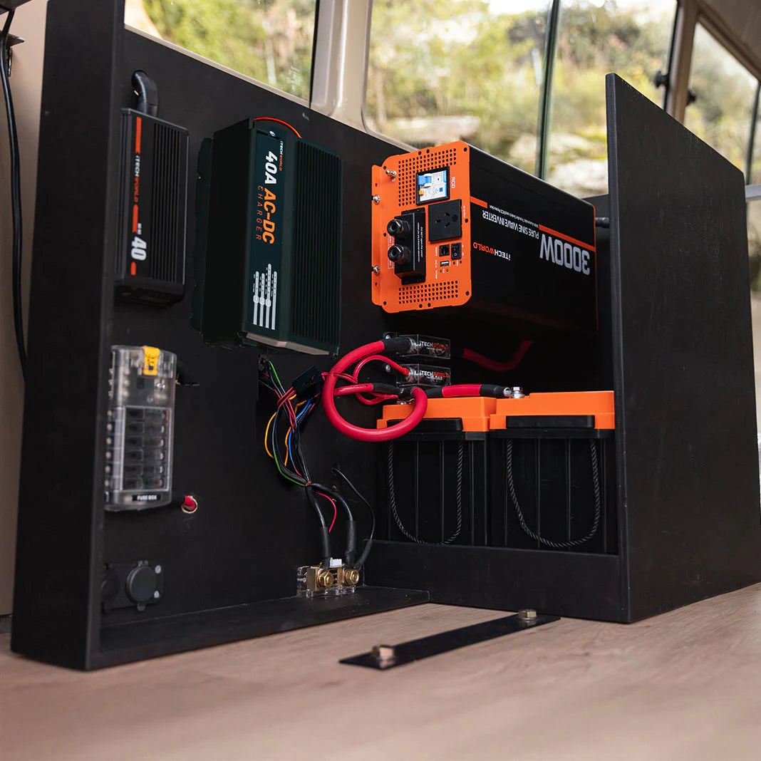 A photo showing the components of an iTechWorld pro lithium caravan kit.