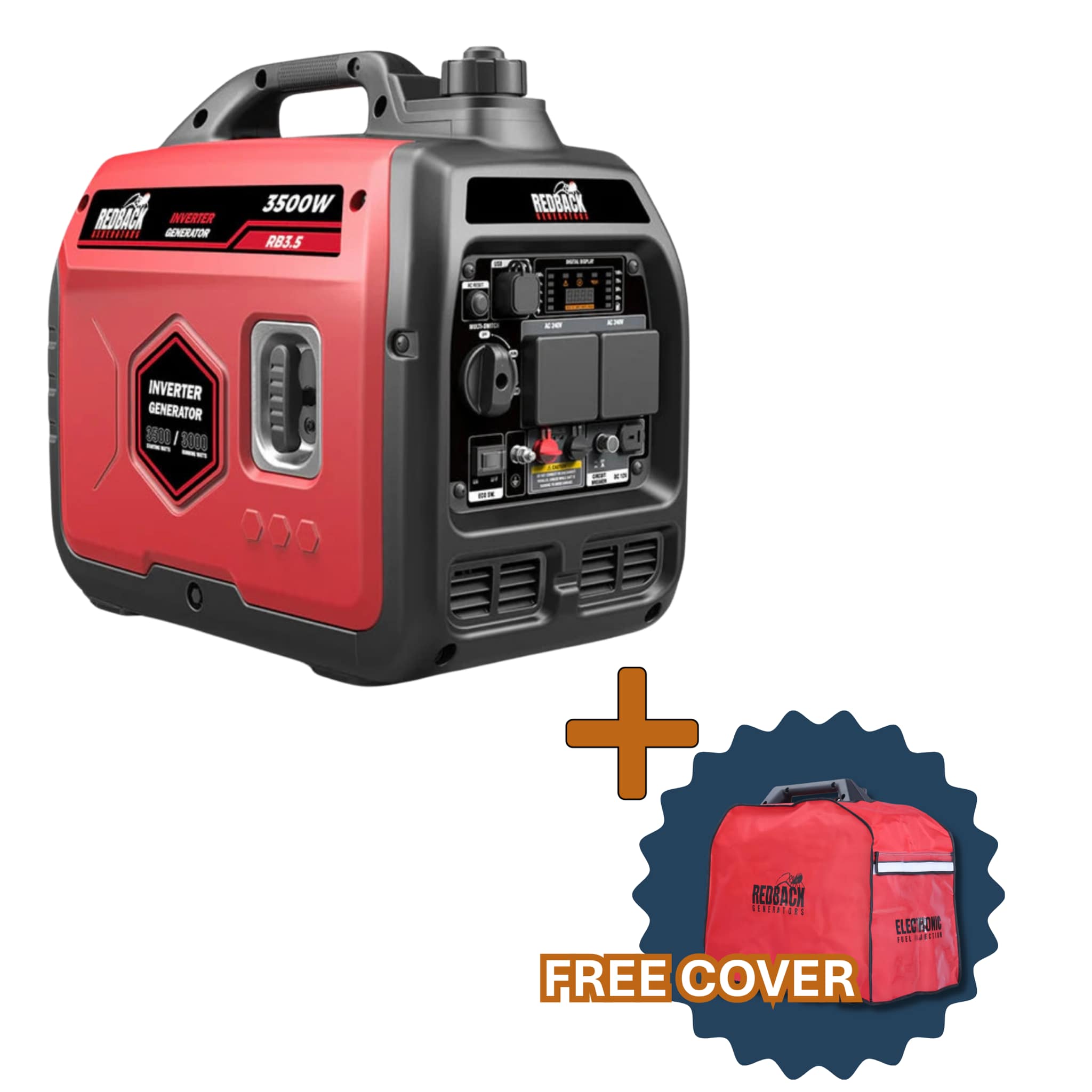 A photo of an iTechWorld Redback 3500W portable inverter generator with a picture of a free promotional cover included with each purchase.