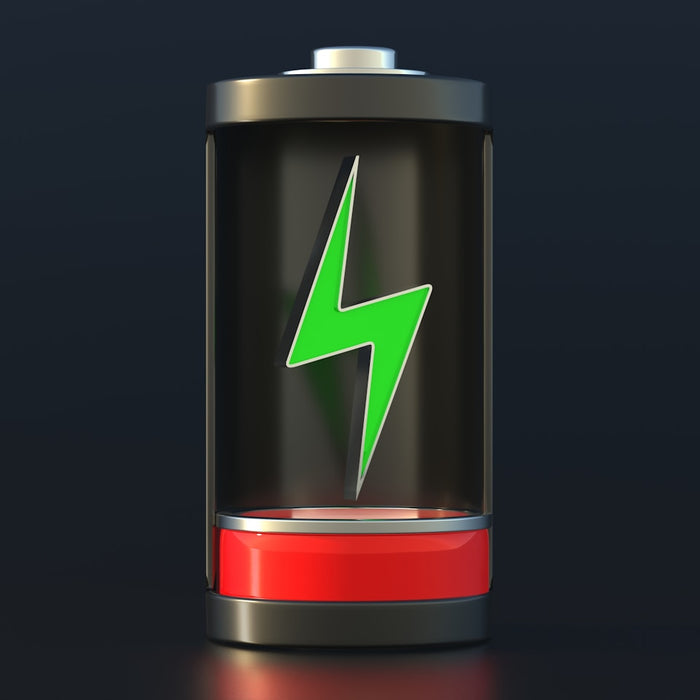 A picture of a battery showing a lightning bolt and a low energy state.