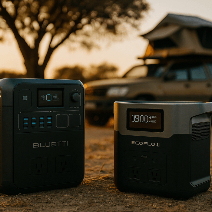 A photo of a Bluetti power station next to an EcoFlow power station with a car in the background.
