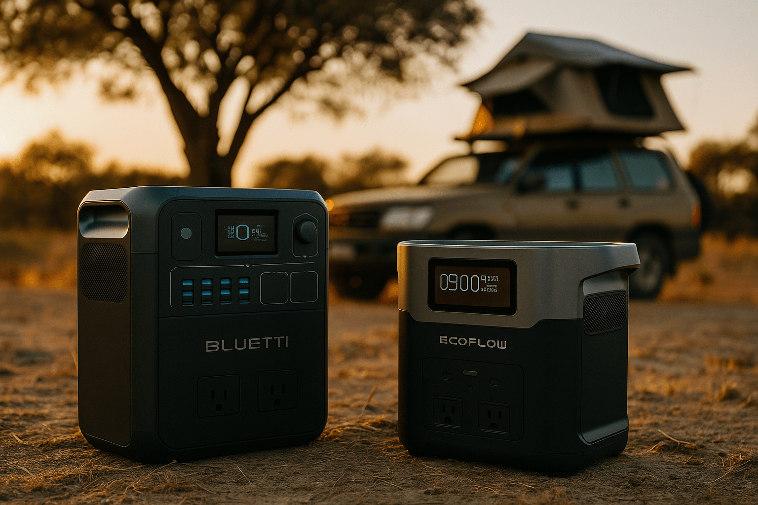 A photo of a Bluetti power station next to an EcoFlow power station with a car in the background.