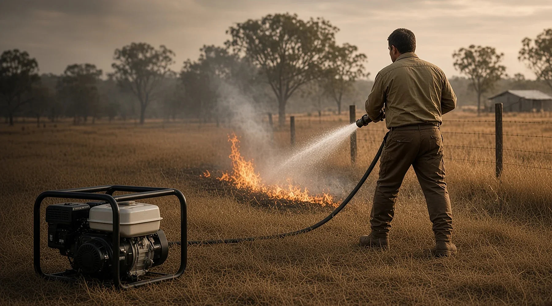 A man putting out a grass fire with a fire pump.