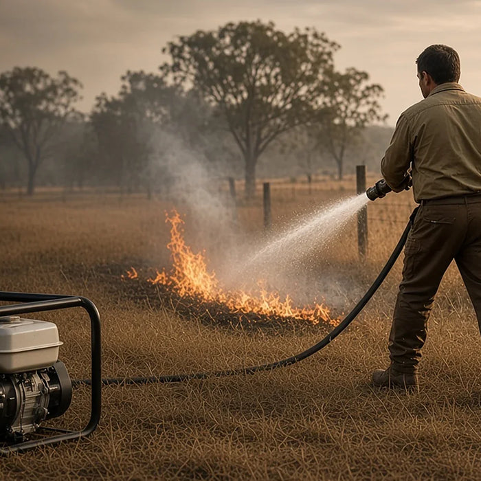 A man putting out a grass fire with a fire pump.