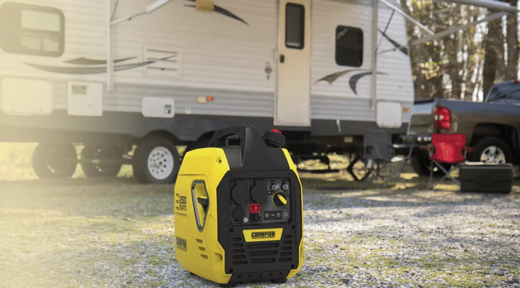 A champion camping generator in front of a campervan.