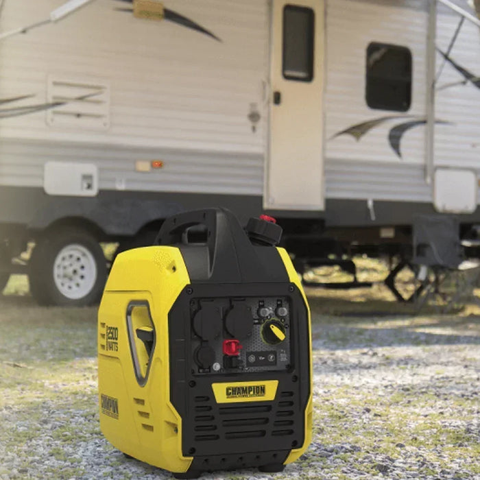 A champion camping generator in front of a campervan.