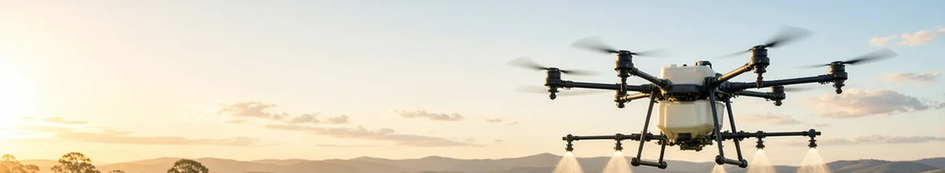 A photo of an agricultural DJI drone flying over a field