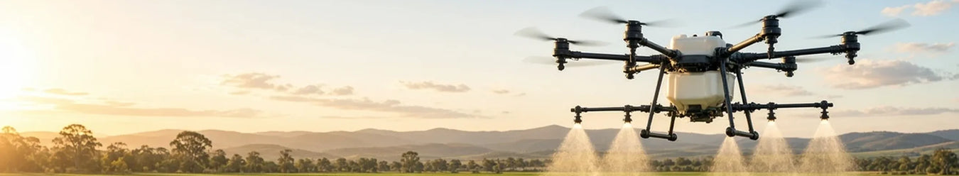 A photo of an agricultural drone spraying a field.