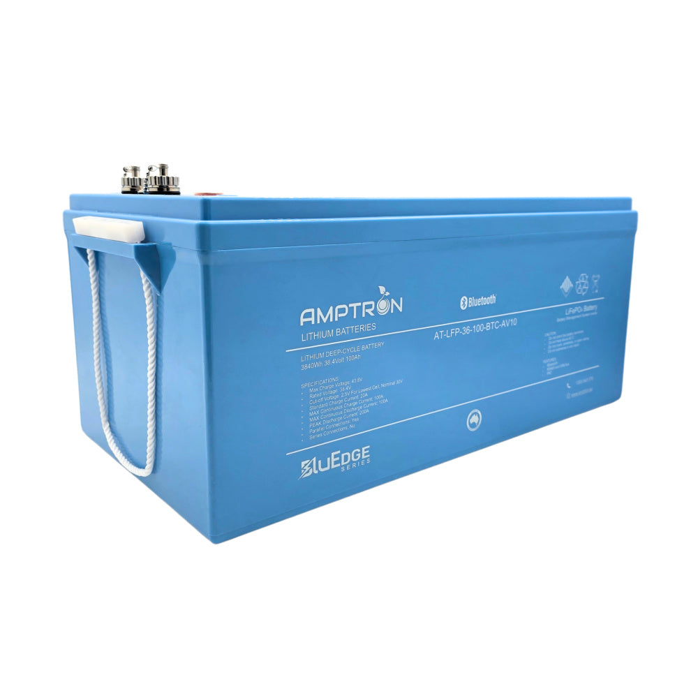 A photo of a blue Amptron 36V 100A bluEdge lithium battery facing diagonally.