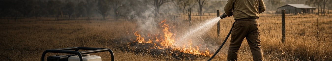 A man putting out a fire with a fire pump.
