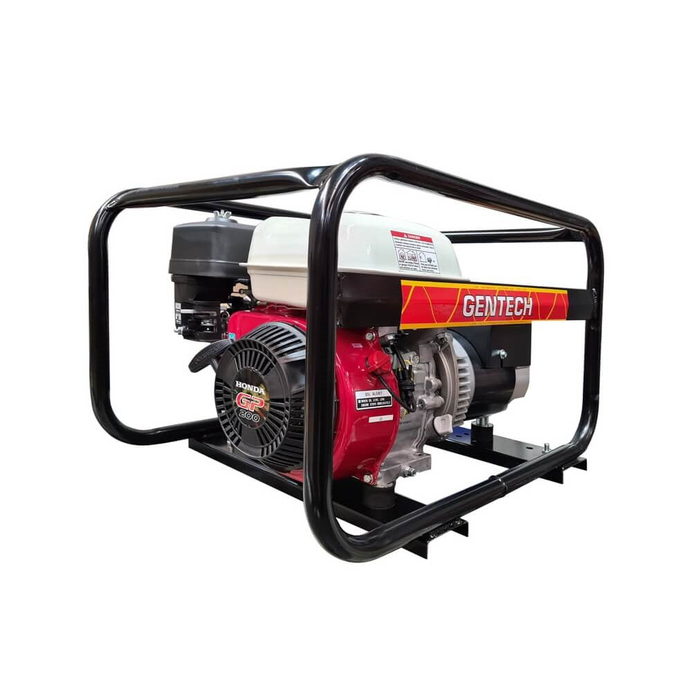 A photo of a Gentech 2.8kVA petrol generator on a slight angle with an open cage.