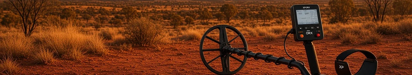 An XP Orx gold prospecting metal detector in a desert environment