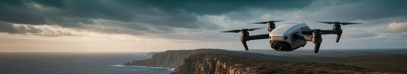 A hoverair drone sitting over a mountain range