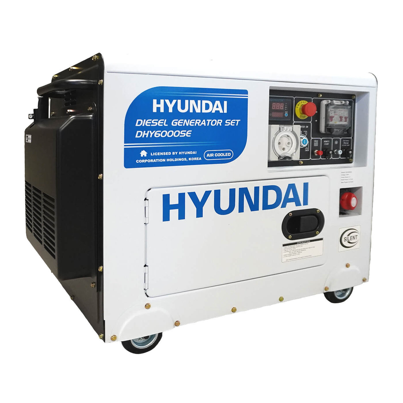 in the photo a Hyundai DHY6000SE 6.5kVA Diesel Generator on a white background