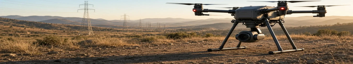 A photo of an Industrial Drone sitting in an arid field