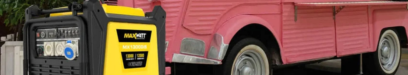 A maxwatt generator in front of a pink campervan.