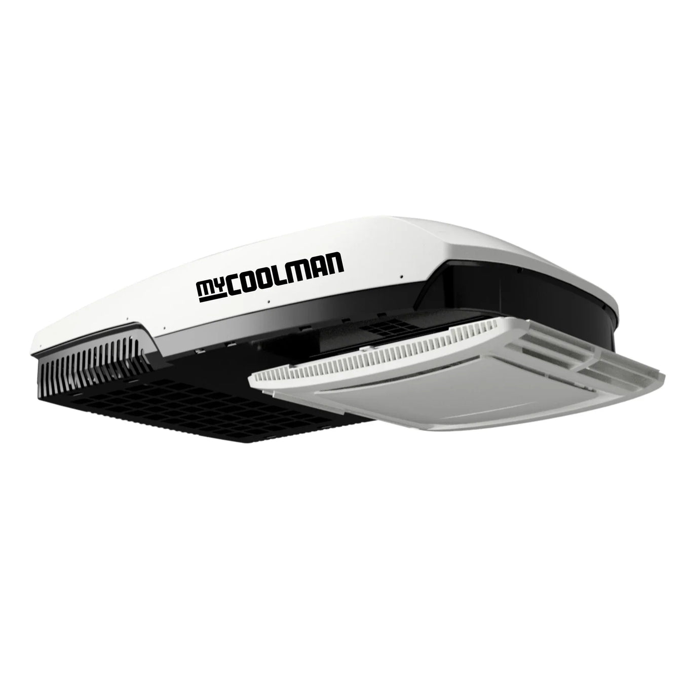 A photo of a white and black mycoolman 3000w roof top air conditioner for caravan.