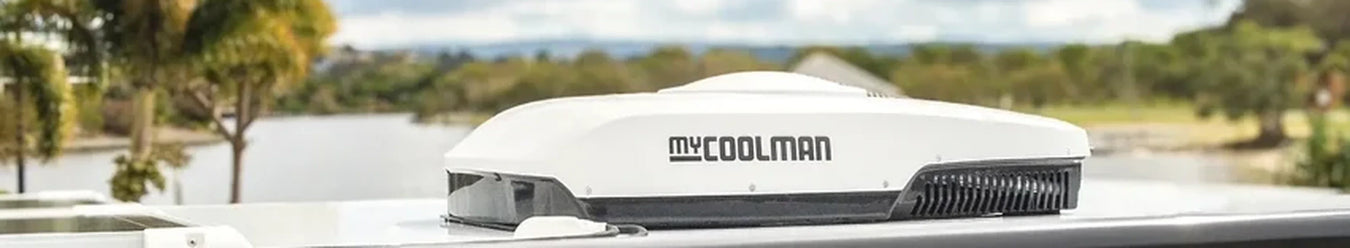 A myCOOLMAN aircon on a caravan roof top.