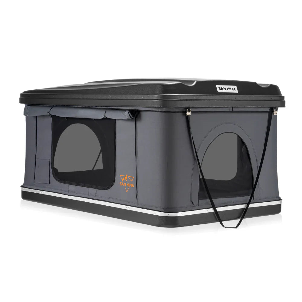 A photo of a San Hima Jervis Loft hard shell roof top tent facing front on.