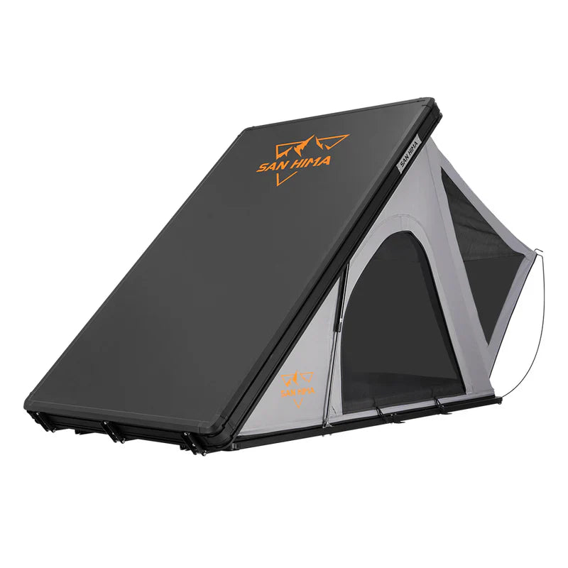 A photo of a san hima kalbarri lite hard shell roof top tent facing front on.