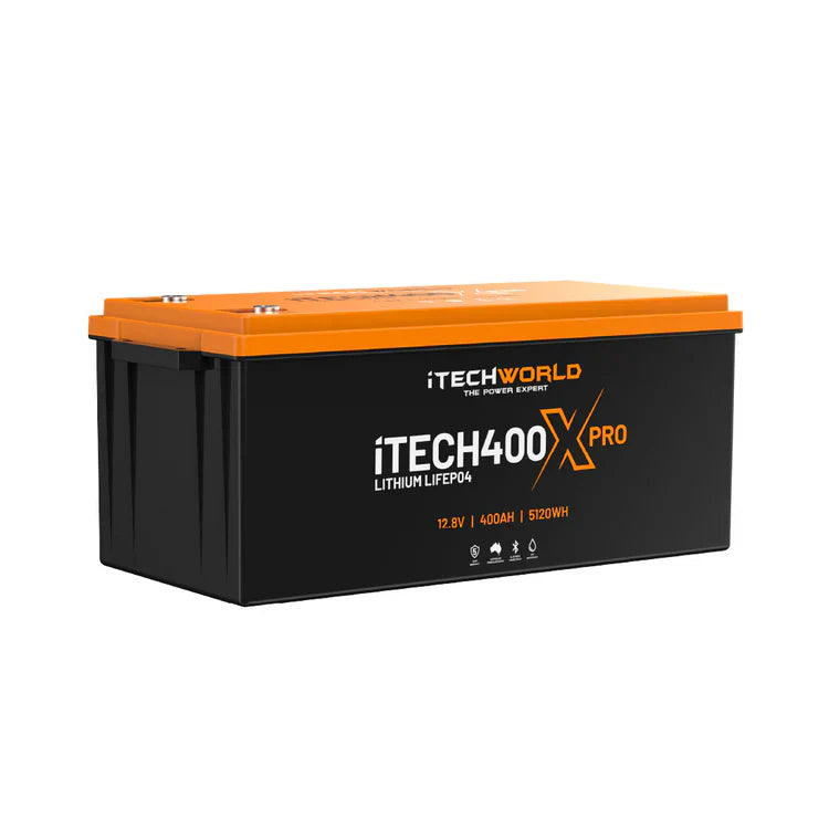 A photo of an itech 400x pro lithium battery on a slight angle.