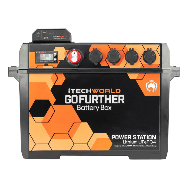 A front on photo of an itech gofurther battery box with an integrated dcdc25 charger.