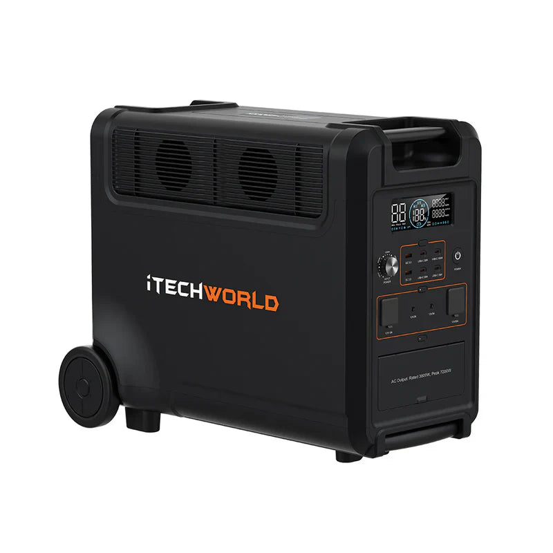 A photo showing the itech PS3600 portable power station facing slightly to the left.