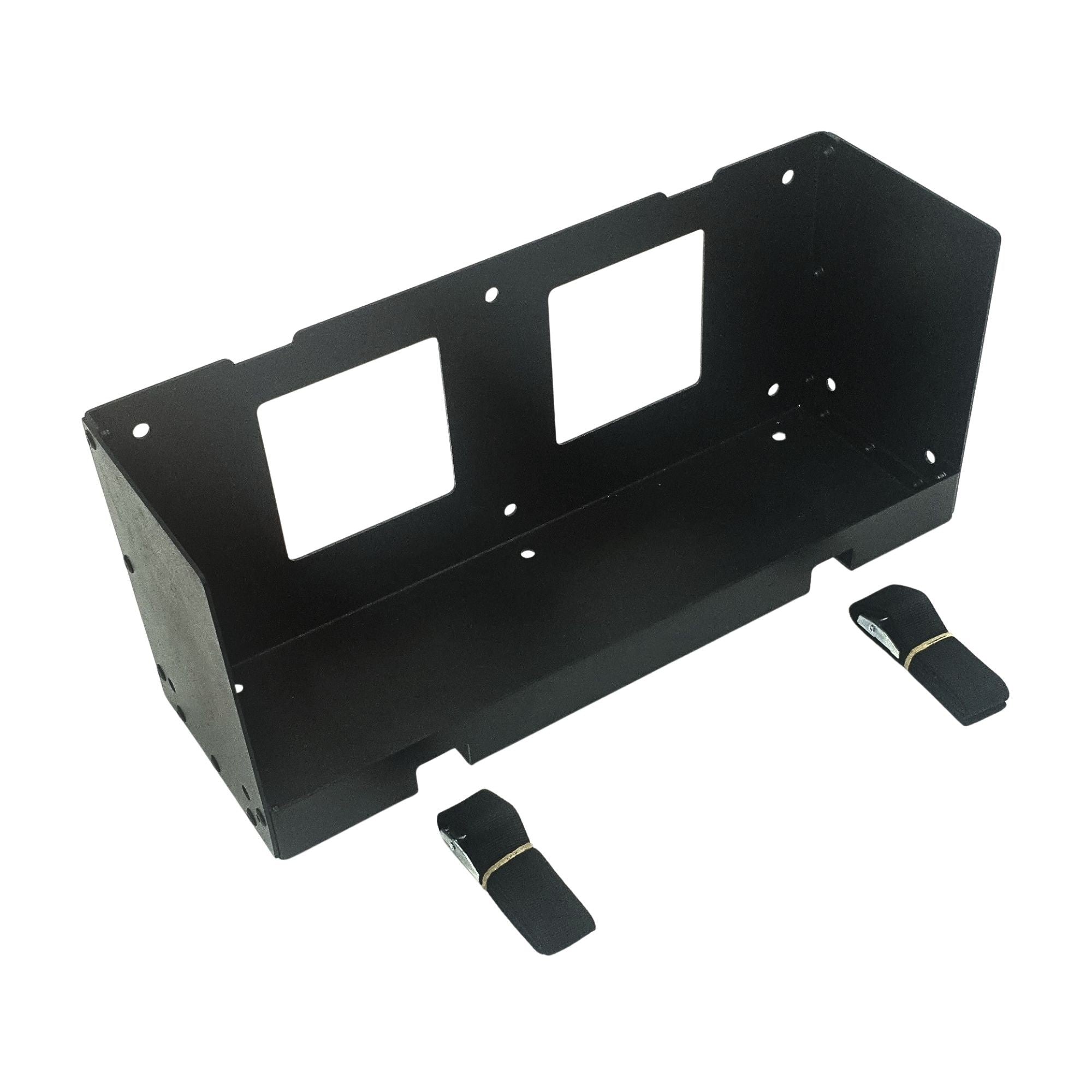 Amptron powder coated aluminium mounting tray for 24V 100Ah BluEdge and 36V Classic batteries, shown with two locking straps
