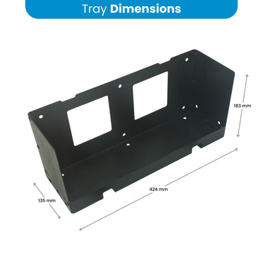 Dimensions of the Amptron Type B mounting tray, 424mm long by 135mm wide by 183mm high