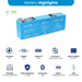 Highlights of the Amptron 48V 50Ah EGON Slimline Battery including 100A output, 2000 cycles, dynamic active balancing, Bluetooth BMS and 5 year warranty