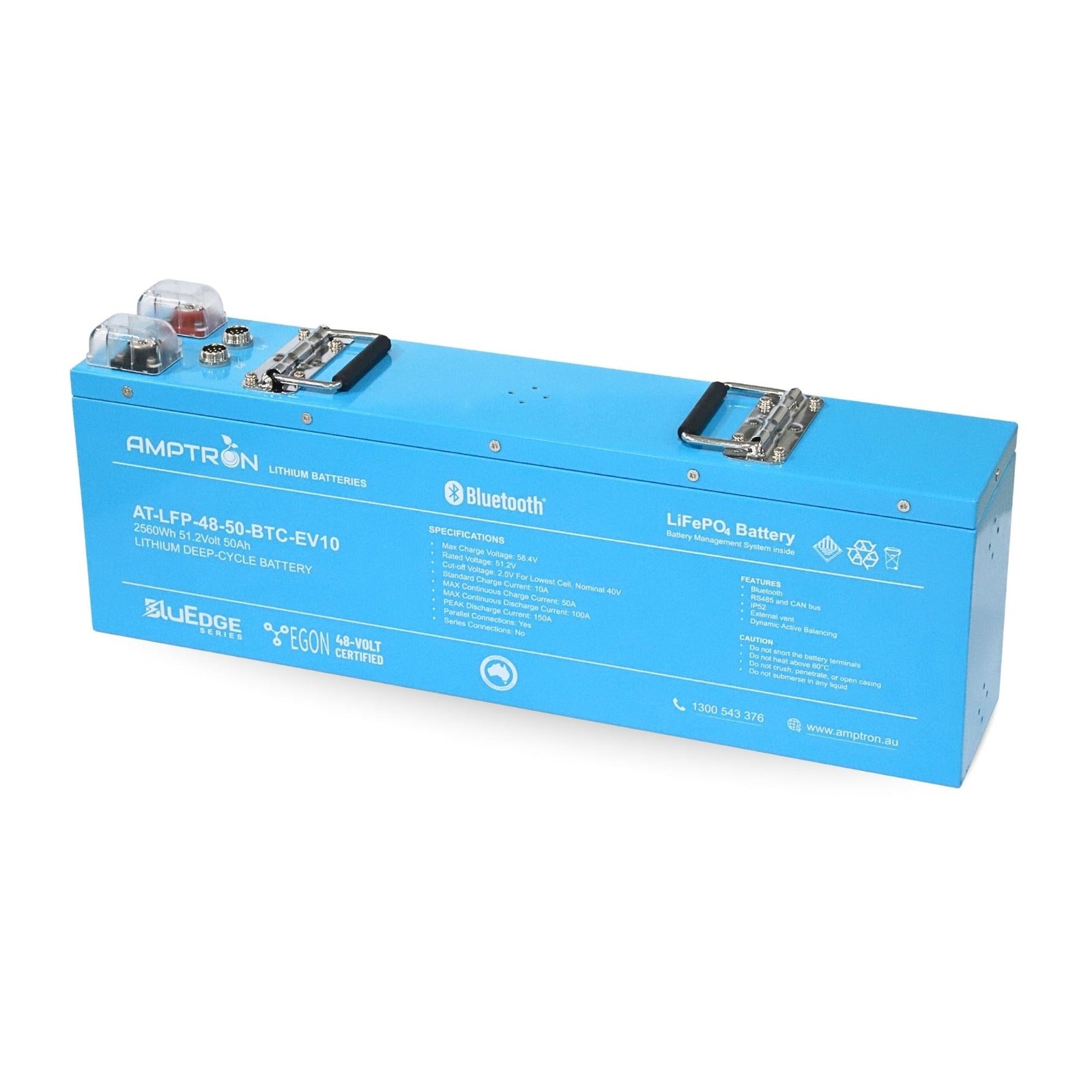 Angled view of the Amptron 48V 50Ah EGON Slimline Lithium Battery showing its depth and terminal covers