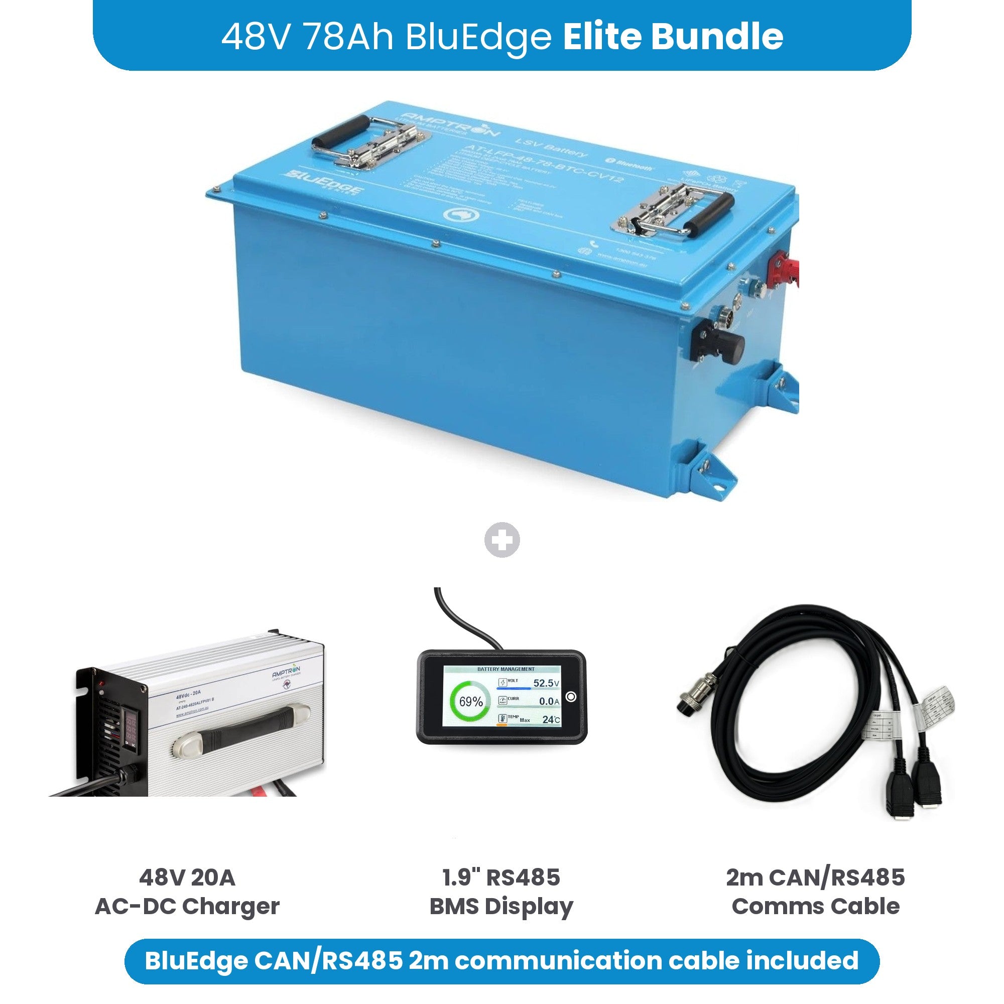 Amptron 48V 78Ah BluEdge Elite Bundle with 48V 20A charger, 1.9 inch RS485 BMS display and 2m CAN/RS485 communication cable