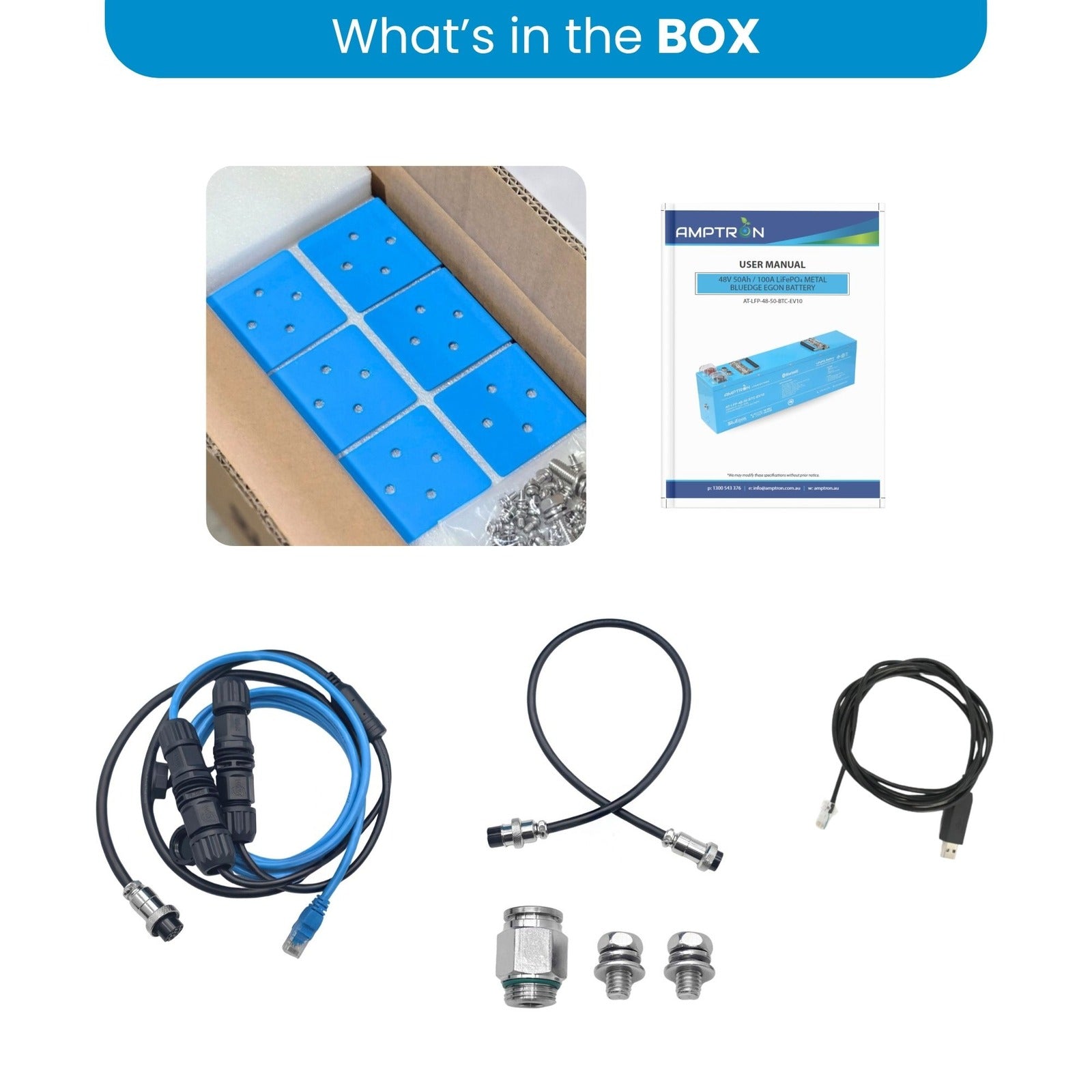What is in the box with the Amptron 48V 50Ah EGON battery including mounting brackets and bolts, user manual, comms cables, USB cable and vent fitting